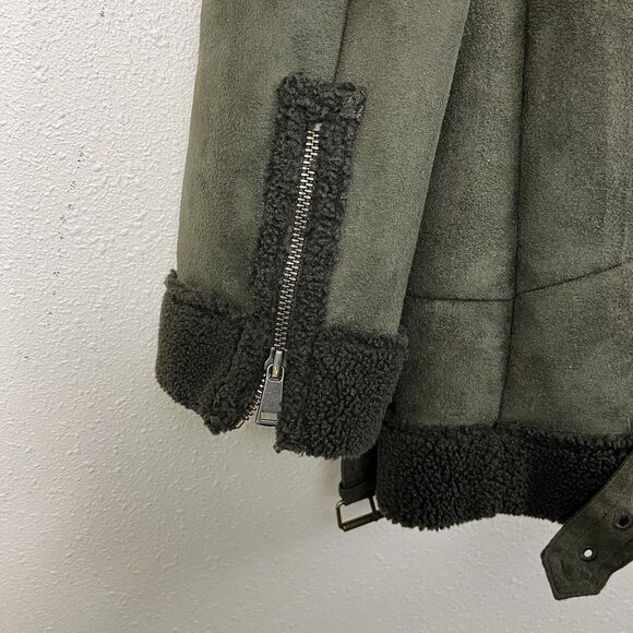 LOFT Faux Suede Shearling Aviator Coat Womens Plus Size XXL Olive Green - Picture 6 of 8